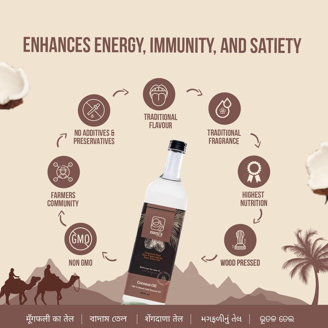 Nani\'s Potion Nani\'s Potion Wood Pressed Coconut Oil Glass Bottle Natural, For Cooking, Chemical-Free, Cold Pressed Coconut Oil For Cooking, Kachi Ghani Oil, Daily Cooking, Naturally Cholesterol Free, 1000 Ml