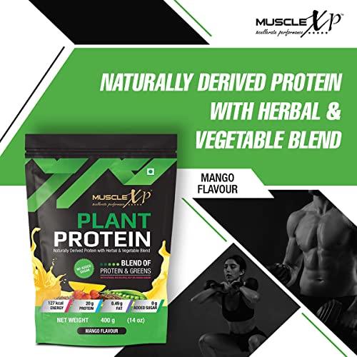 MuscleXP MuscleXP Plant Protein - Natural Protein Powder with Pea Protein, Herbal and Vegetable Blend, Mango Flavour, 400 gm Pouch x Pack Of 3