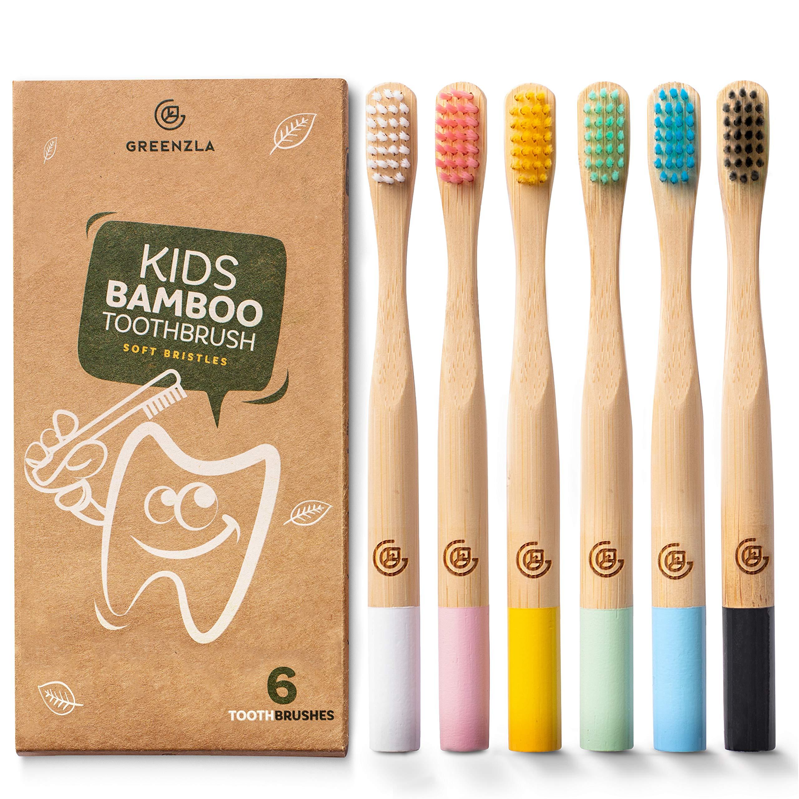 GREENZLA Greenzla Kids Bamboo Toothbrushes (6 Pack) | BPA Free Soft Bristles Toothbrushes | Eco-Friendly, Natural Bamboo Toothbrush Set | Biodegradable, Compostable & Organic Charcoal Wooden toothbrushes
