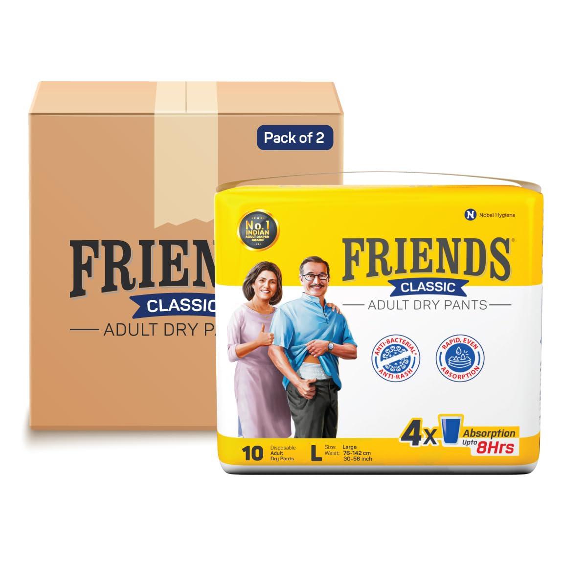 Friends Friends Classic Adult Diapers Pants Style - 20 Count (Large) with odour lock and Anti-Bacterial Absorbent Core- Waist Size 30-56 inch ; 76-142cm