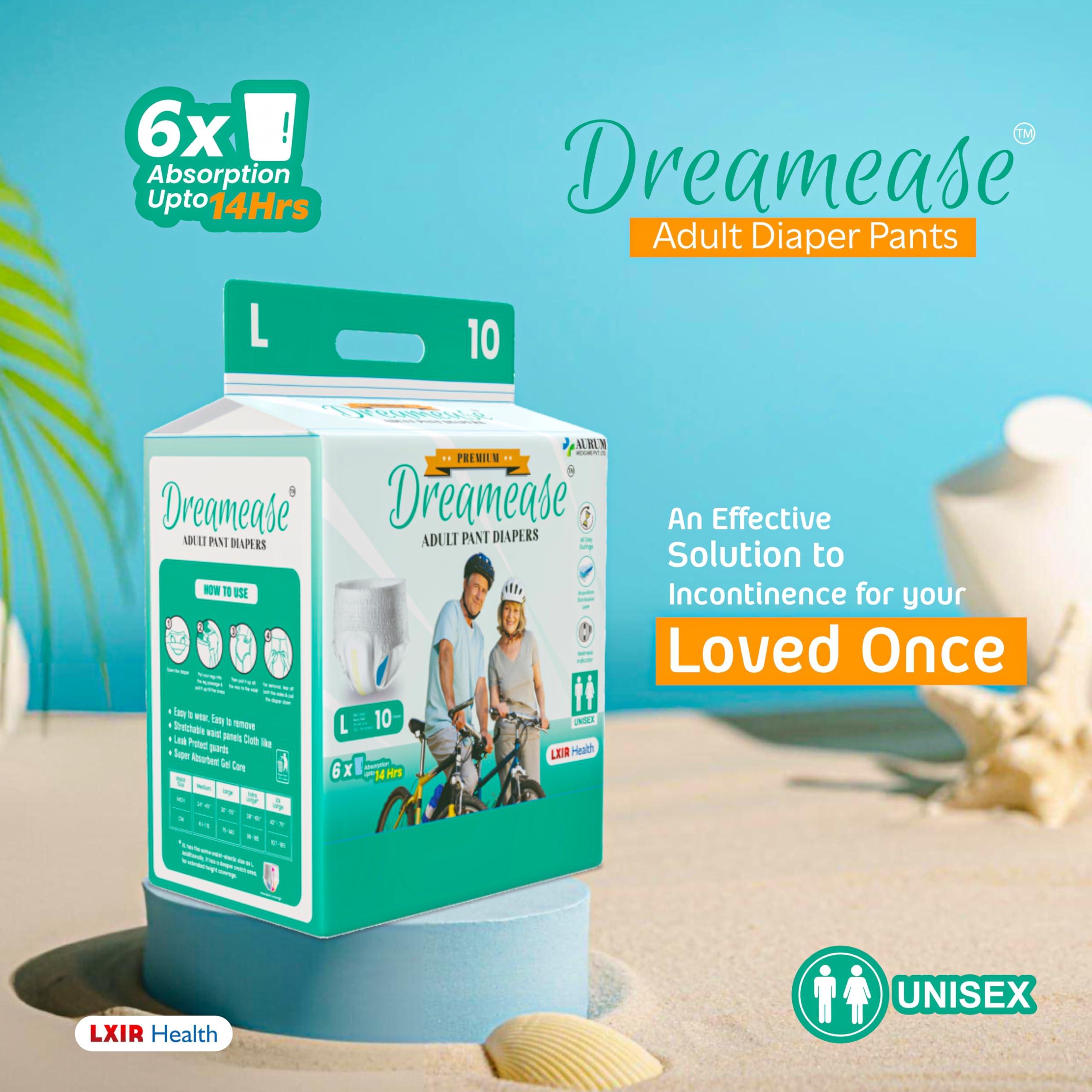 Dreamease Dreamease Adult Diapers Pants Style | Medium Size (M) Waist (61-115 Cm | 24-45) | 6X Super Absorbency Upto 14 Hrs | Unisex with Wetness Indicator | 10 Units. (XL)