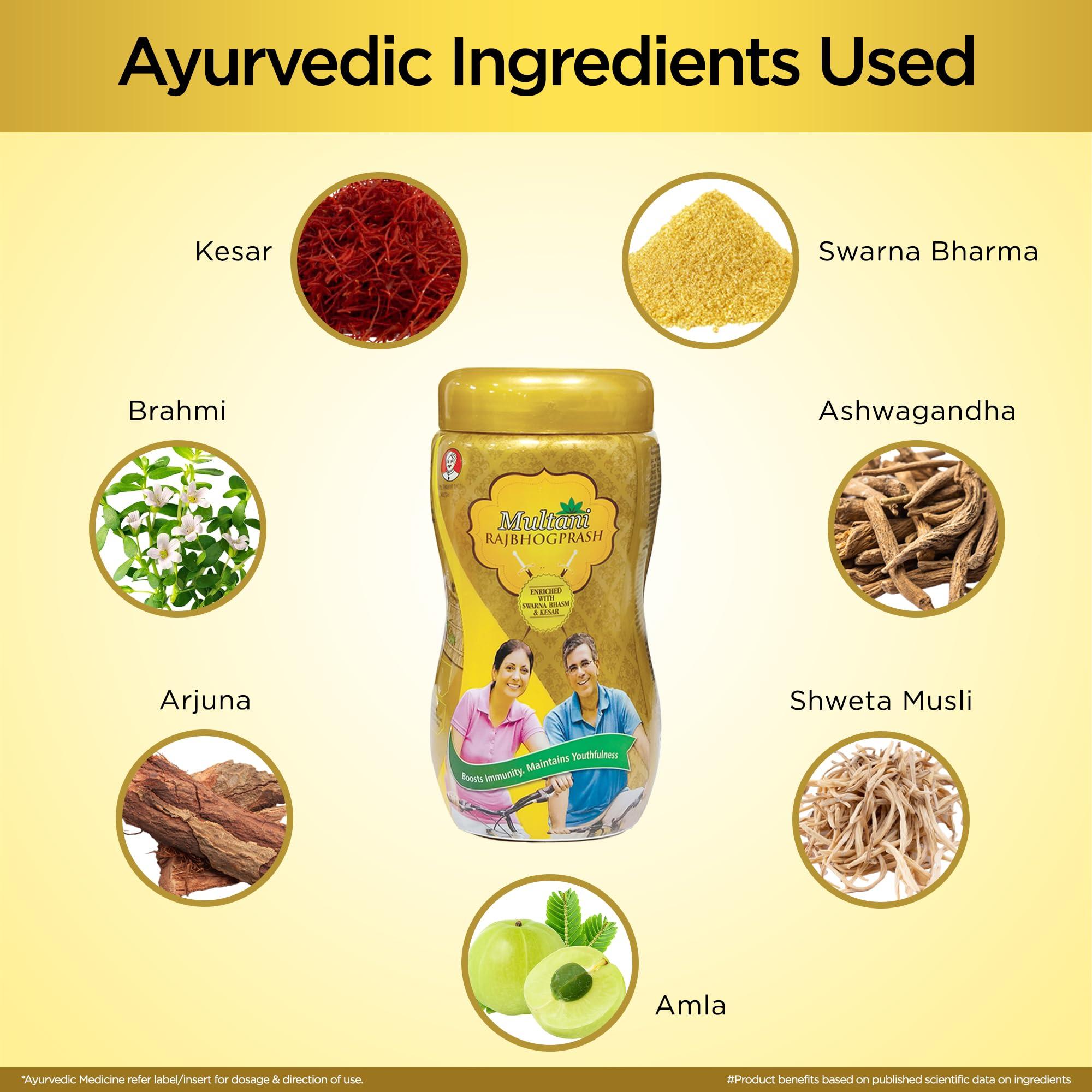 Multani Multani Rajbhogprash | 100% Ayurvedic Formula | Swarna(Gold), Chandi, Kesar, Chandan, Amla & 27 Ayurvedic Herb | All Purpose Ayurvedic Chyawanprash For Year-Round Since 1938 | 500 gm