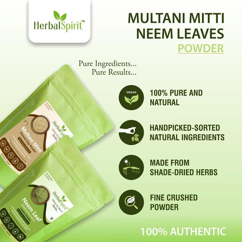 HerbalSpirit Herbal Spirit Multani Mitti Powder & Neem Powder for Face Pack | Neem Powder for Skin & Multani Mitti Powder for Face Pack | Multaanee Mittee & Neem Powder for Hair | 100gm each (Pck of 2)