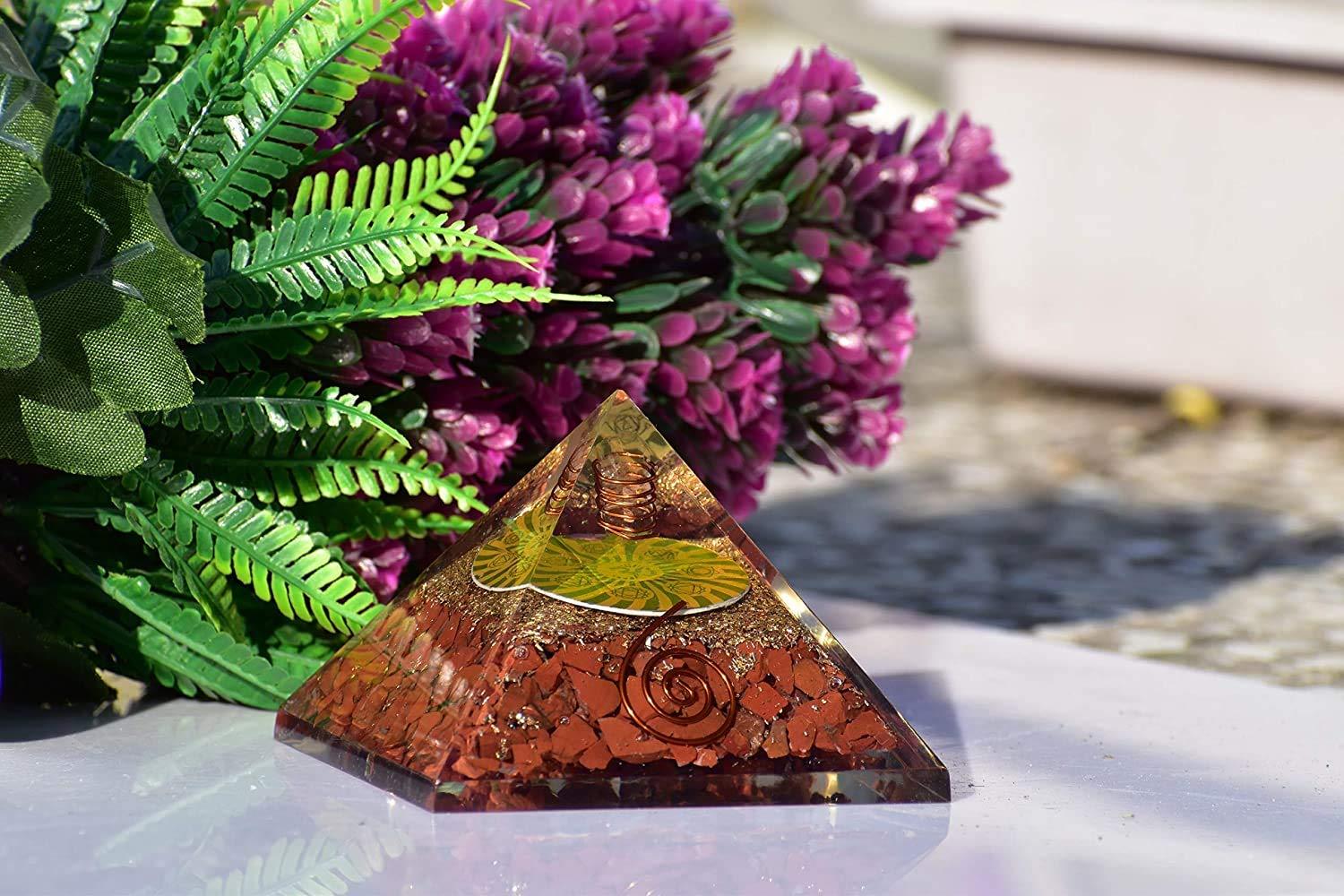 Orgonite Shop OrgoniteShop Red Jasper Orgone Pyramid for Positive Energy – Healing Crystal Pyramid for Meditation Orgonite Pyramid for Positive Energy – Energy Pyramid Flower of Life