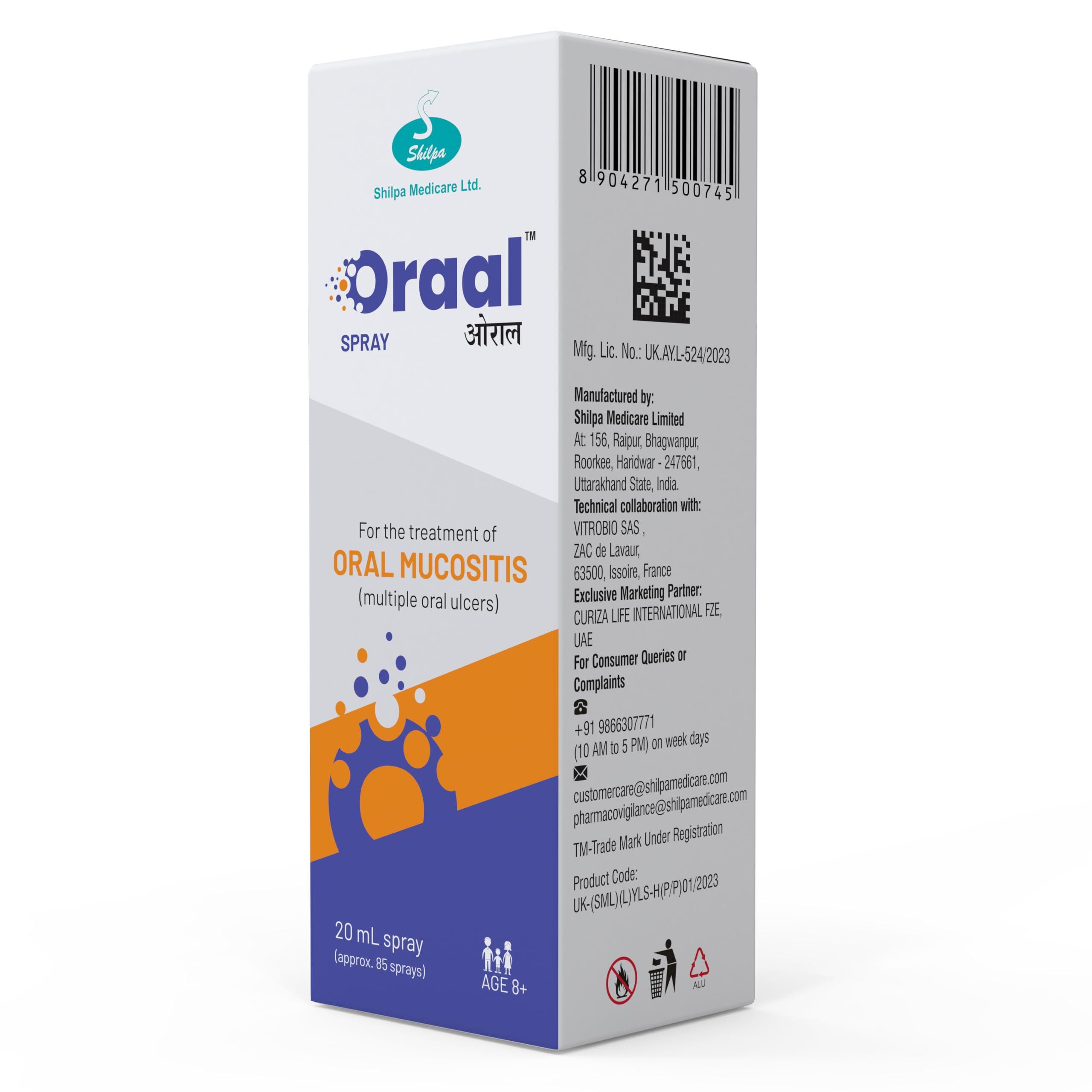ORAAL ORAAL SPRAY 20ml mouth spray| Mouth Ulcers|Oral Mucositis |Mouth Sores| 100% relief |No Colors| No Alcohol| Suitable for all ages above 8Yrs| 20ml | Pocket friendly Pack| 100% Natural & Patented