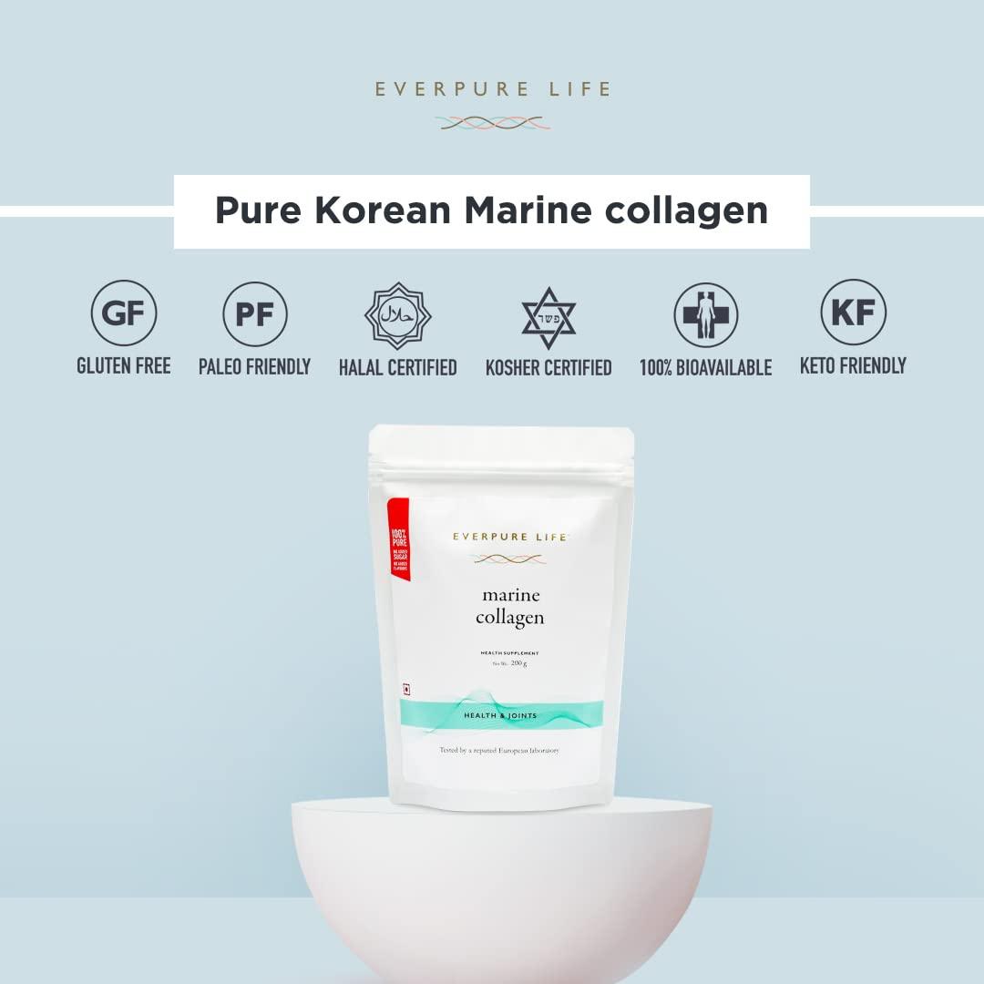 EVERPURE LIFE Everpure Life Korean Hydrolysed Marine Collagen - Sustainably sourced Type I Collagen Peptides for Immunity, Stronger Muscles and Joints and Better Gut Health - No added sugar/flavouring - 200 Gm