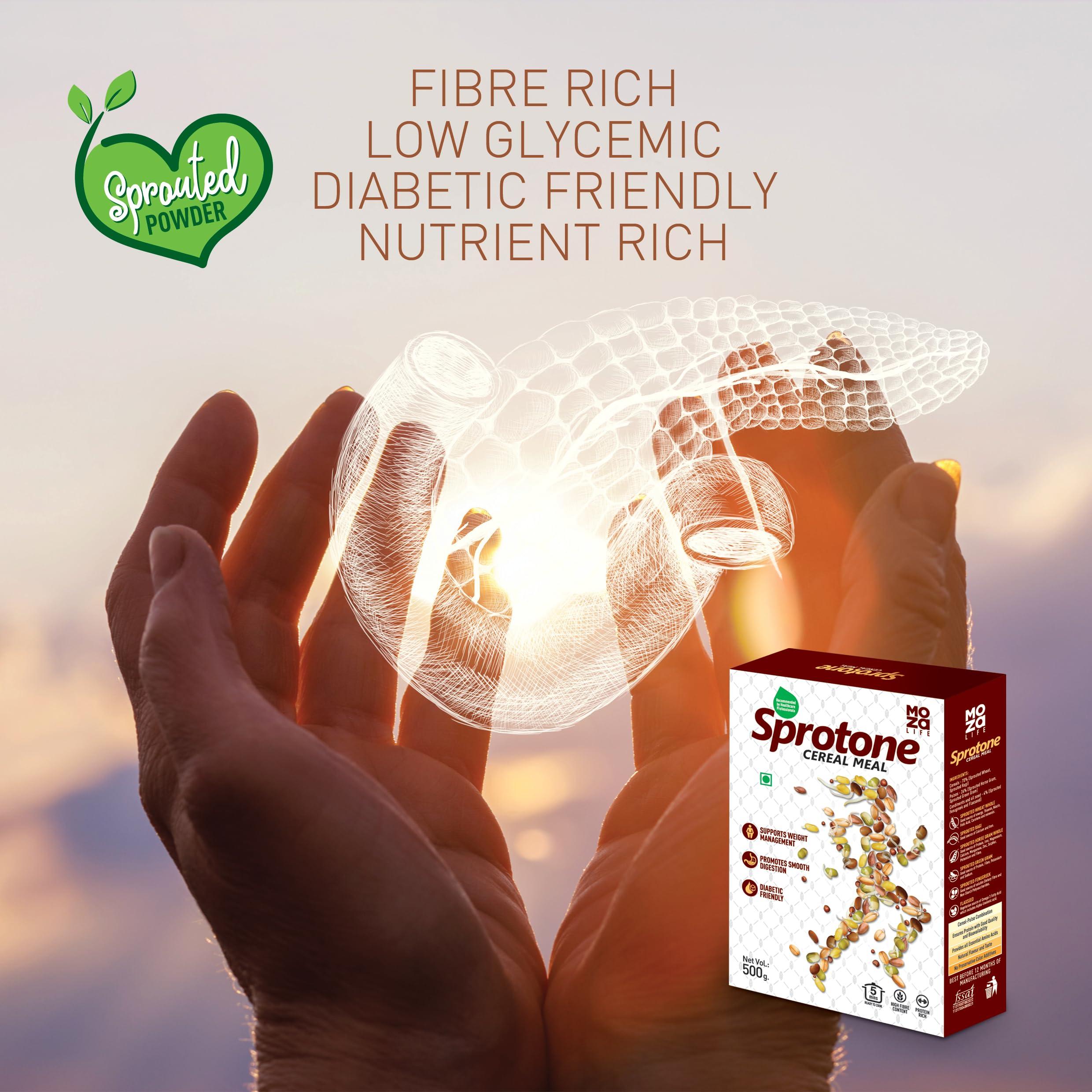 Moza Organic Moza Life Sprotone - Nutrient-Rich Cereal Meal with Sprouted Cereals, Pulses, and Multigrain Flour - Wheat, Ragi, Horse Gram, Green Gram - Healthy Vegetarian Breakfast (500 gm, Pack of 2)