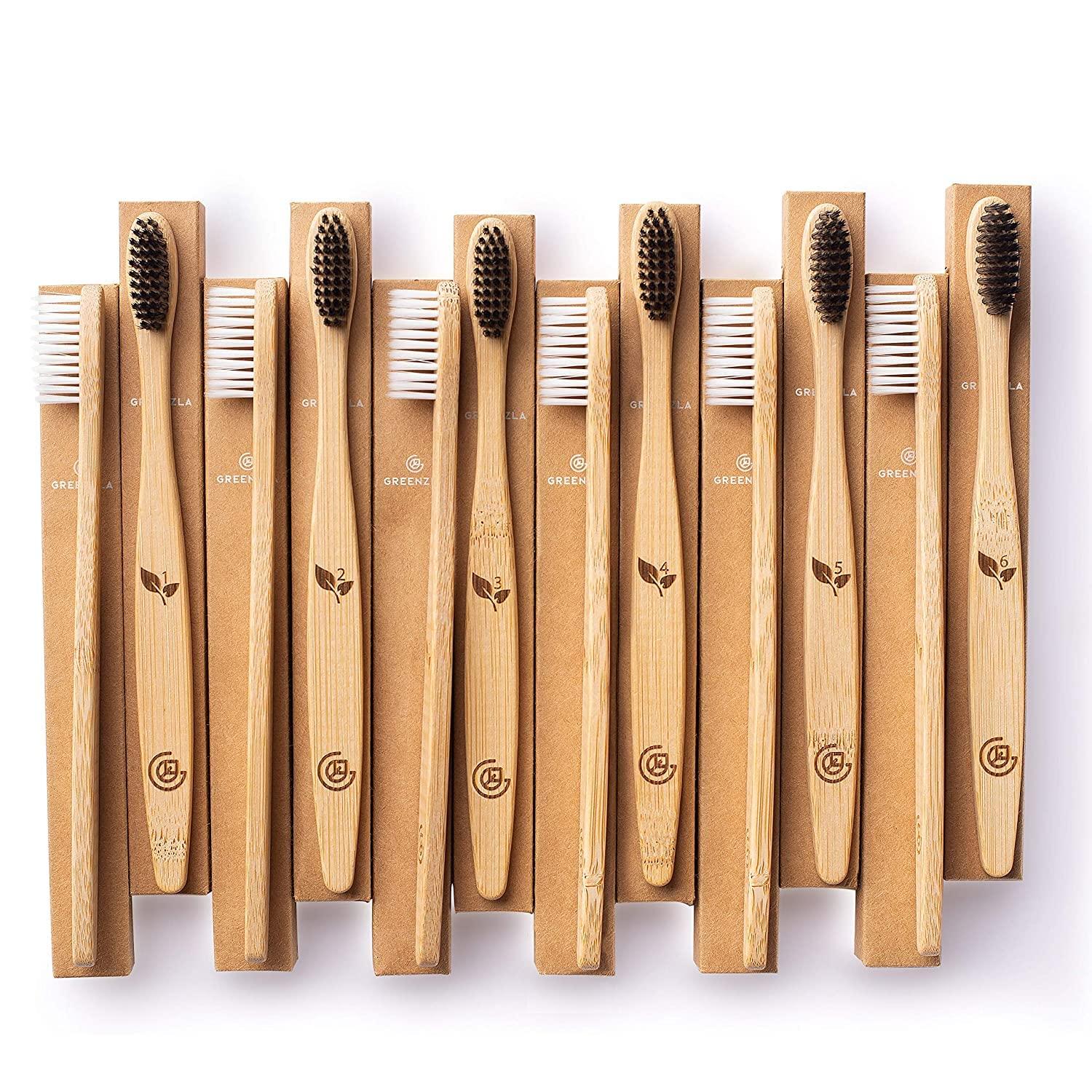 GREENZLA GREENZLA Biodegradable & Compostable Charcoal Wooden Bamboo BPA-Free Soft Bristles Eco-Friendly, Natural Manual Toothbrushes Set for Adult (12 Pack)
