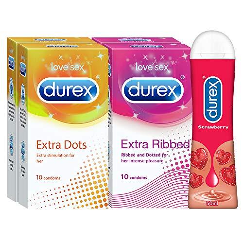 Durex Pleasure Packs (Durex Extra Dots 10s, Extra Ribbed 10s, Extra Dots 10s, Extra Ribbed 10s, Strawberry 50 ml)