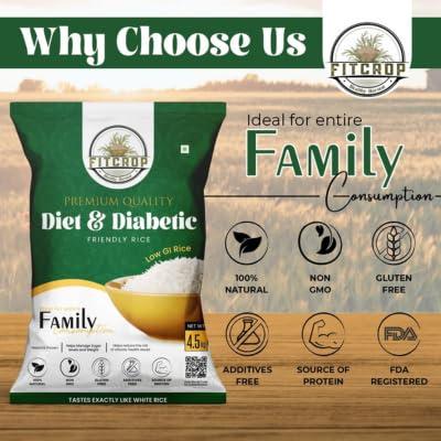 FITCROP Low GI Rice | Diabetic Friendly White Rice | US FDA Registered | Clinically Certified Low GI | Patented Technology | Natural & Pesticide Free | Dietician Recommended 4.5Kg (PACK OF 4) | Certified Organic & Naturally Gluten-Free