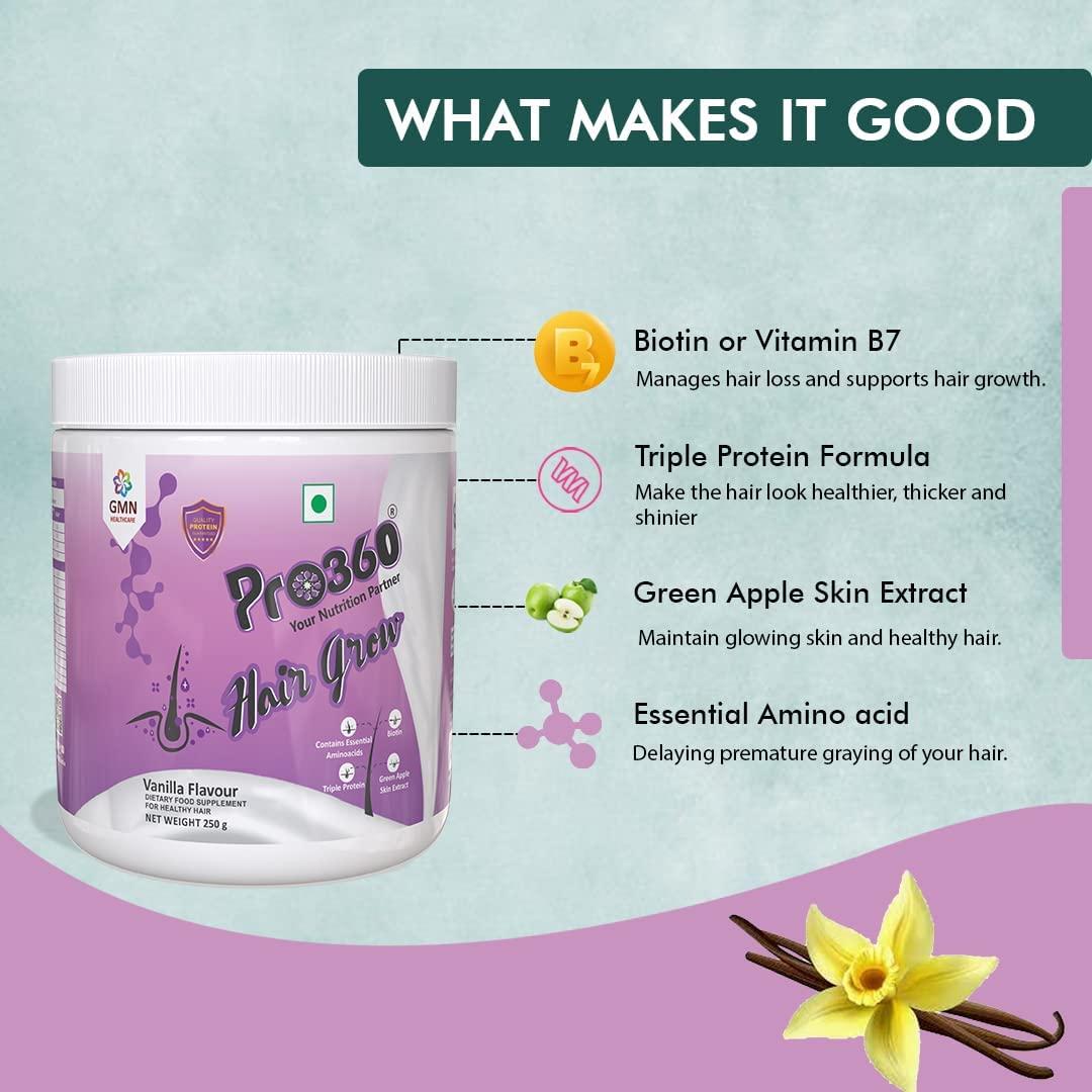 PRO360 Pro360 Hair Grow Protein Powder for Healthy Hair Growth Nutrition Supplement for Men and Women - Enriched with Biotin and Green Apple Skin Extract - Vanilla Flavor (250+250) g Pack of 2
