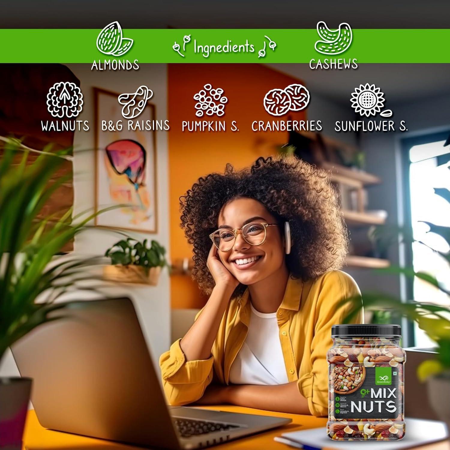 GreenFinity GreenFinity Healthy Nutmix 500g | Jar Pack | Dried Almonds, Black Raisins, Cashewnuts, Cranberries, Green Raisins, Walnut Kernels & Many More.