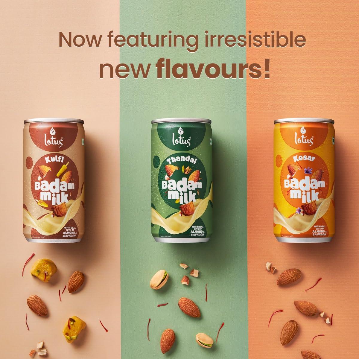 Lotus Lotus Kulfi Badam Milk, 180 ML Can | Pack of 6 | With Real Bits of Almonds and Saffron | No Preservatives | No Artificial Flavours and Colors | Rakhi Gift for Sister and Brother