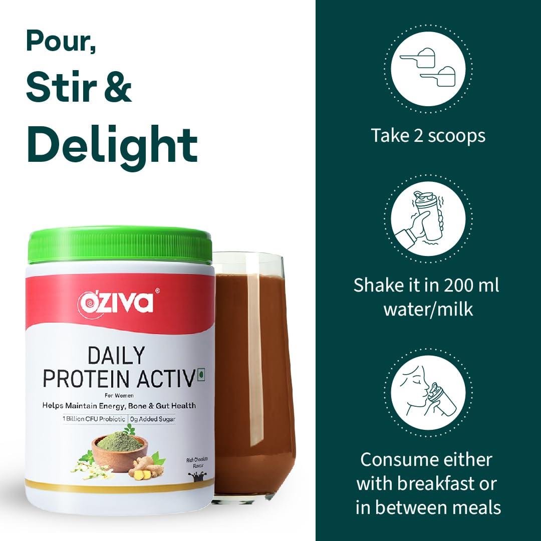 OZiva OZiva Daily Protein Activ for Women | Best Protein Powder for Women with 120g Protein, Probiotics, Shatavari for Increased Energy Levels, Bone Health and Hormonal Balance 300g (Chocolate, Pack 1)