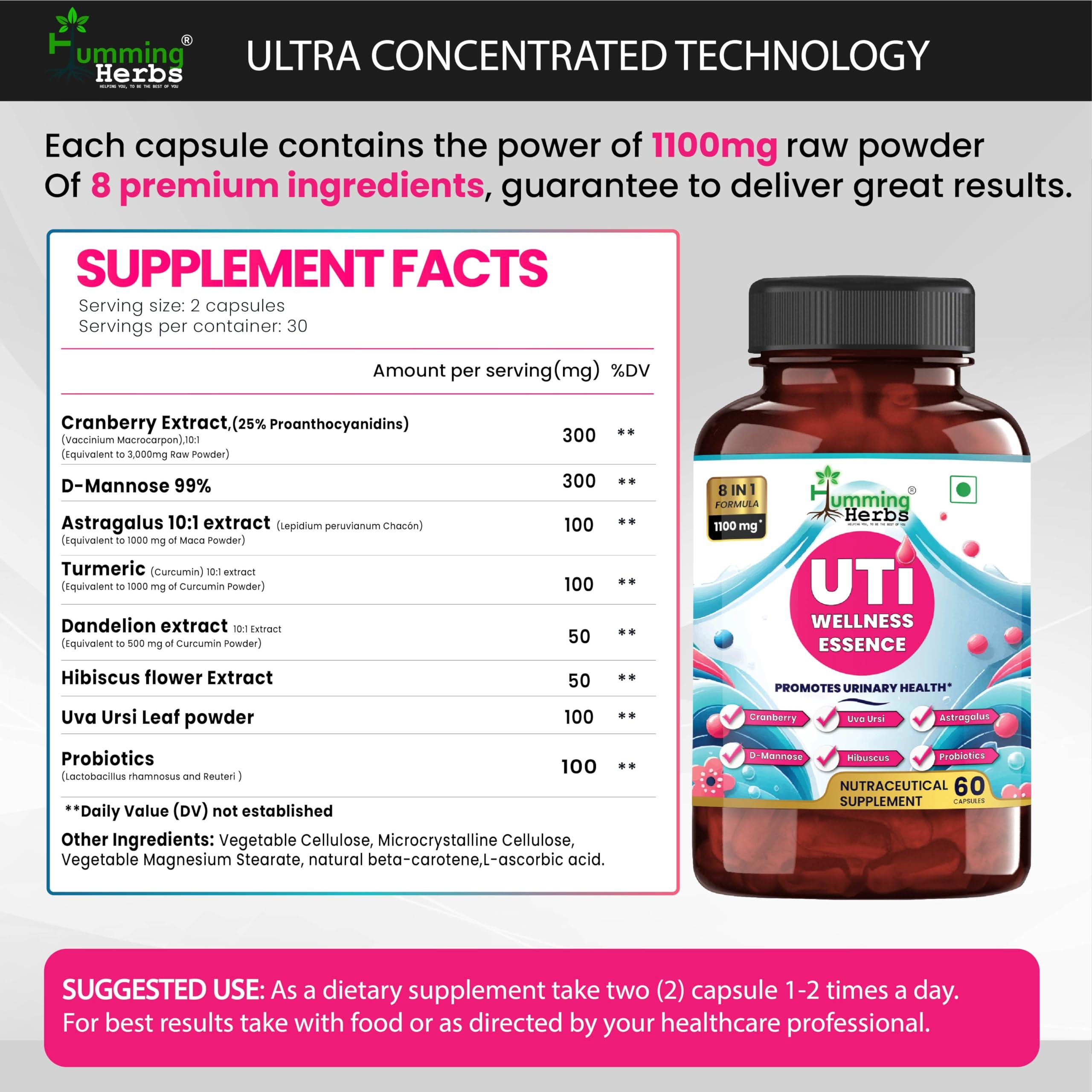 Humming Herbs Humming Herbs UTI Wellness Essence 1100mg - Advanced 8-in-1 Urinary Tract Support Formula with Cranberry, D-Mannose, & Probiotics - Promotes Bladder Health & Immunity - 60 Cap