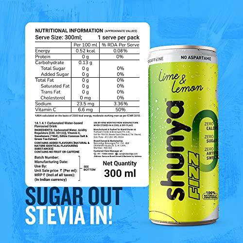 Shunya Shunya Fizz Lime & Lemon | Sugar Free Soft Drink | 0 Calories & No Aspartame | Supercharged with Green Tea & Vitamin C | Pack of 12 (300 ml X 12)