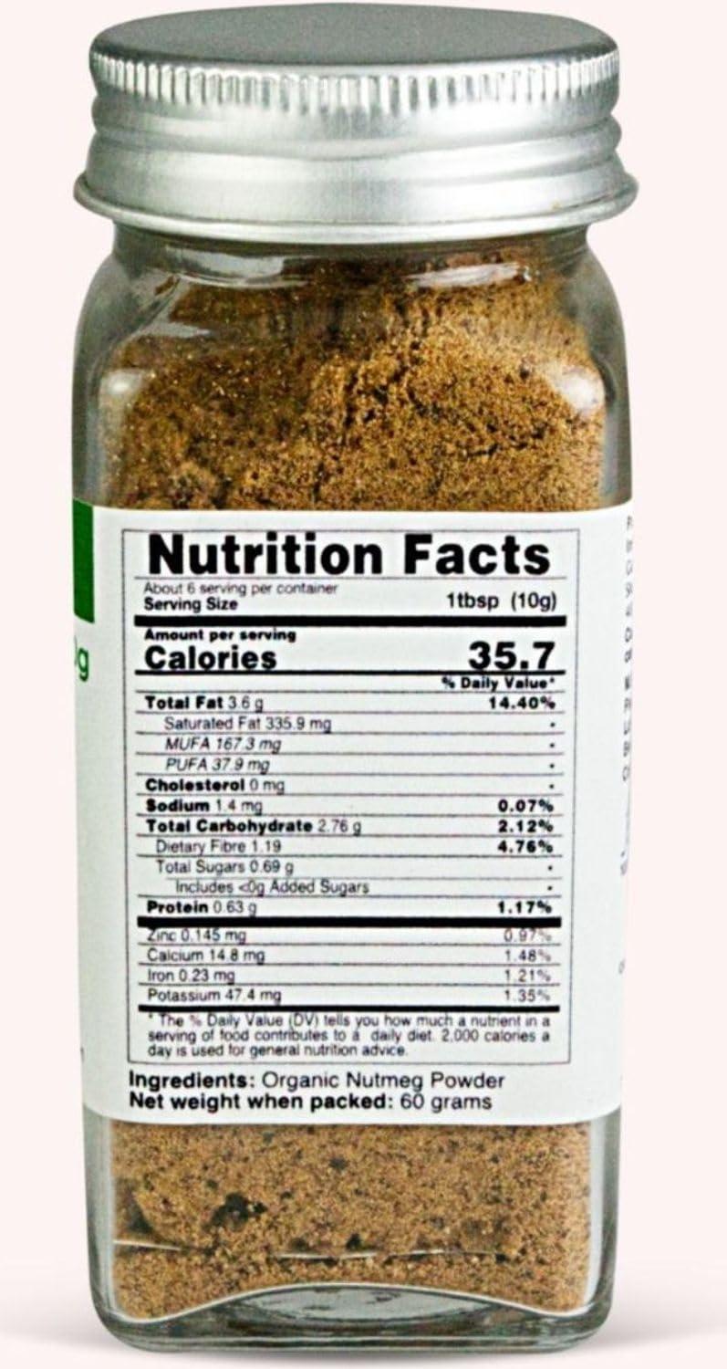 Pure Tree Pure Tree Certified Organic Nutmeg Powder | 60 g | Glass Jar | Grounded Jaiphal Powder Jathikai Powder | Organic Jaifal Powder for Baby | Jayfal, Myristica Fragrans