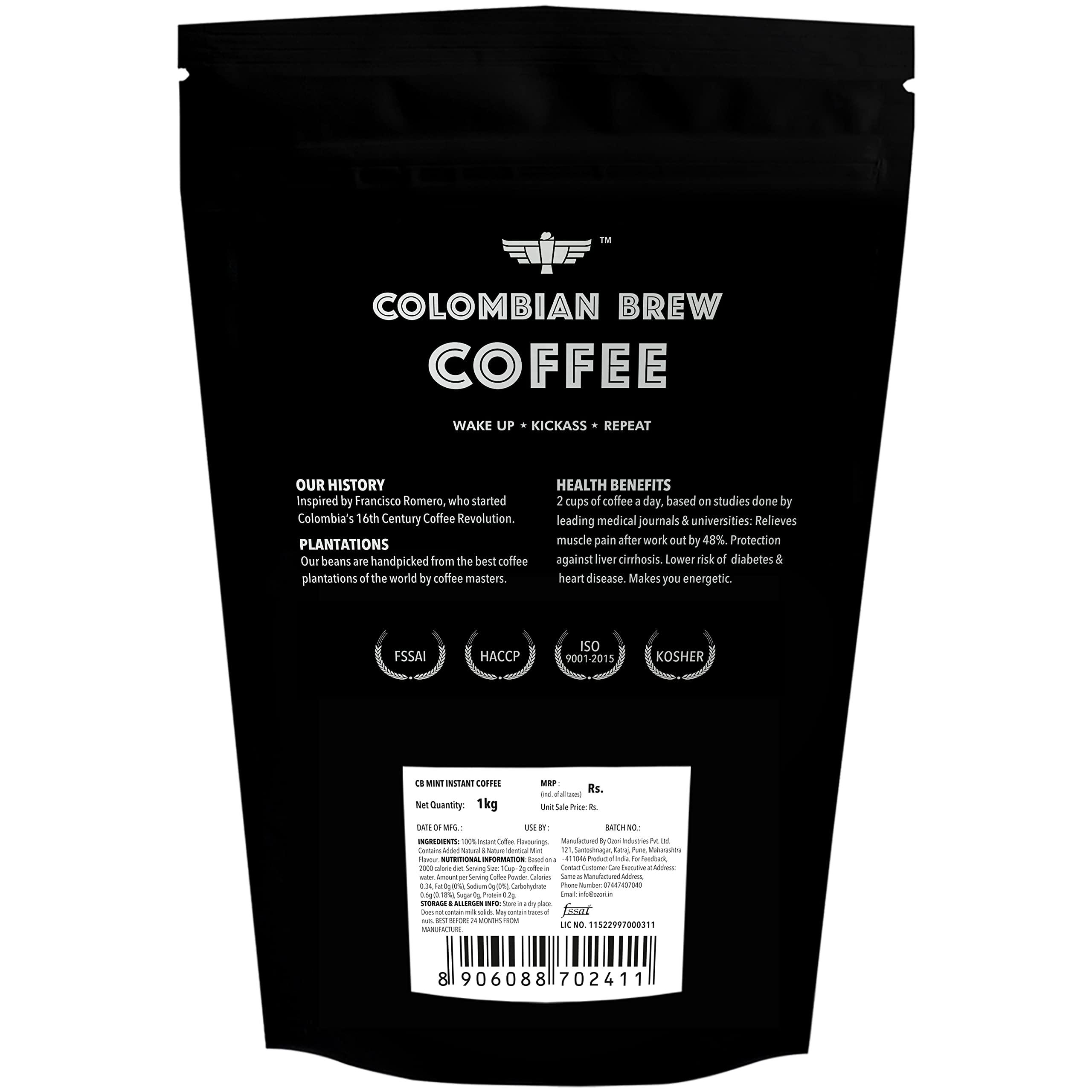 COLOMBIAN BREW COFFEE Colombian Brew Mint Instant Coffee Powder, No Sugar Vegan, 1kg Hotel Pack