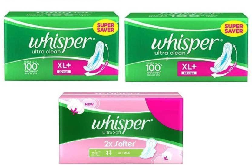 Whisper Whisper 2 Ultra Clean and 1 Ultra Soft Pads Sanitary Pad Sanitary Pad (Pack of 3)