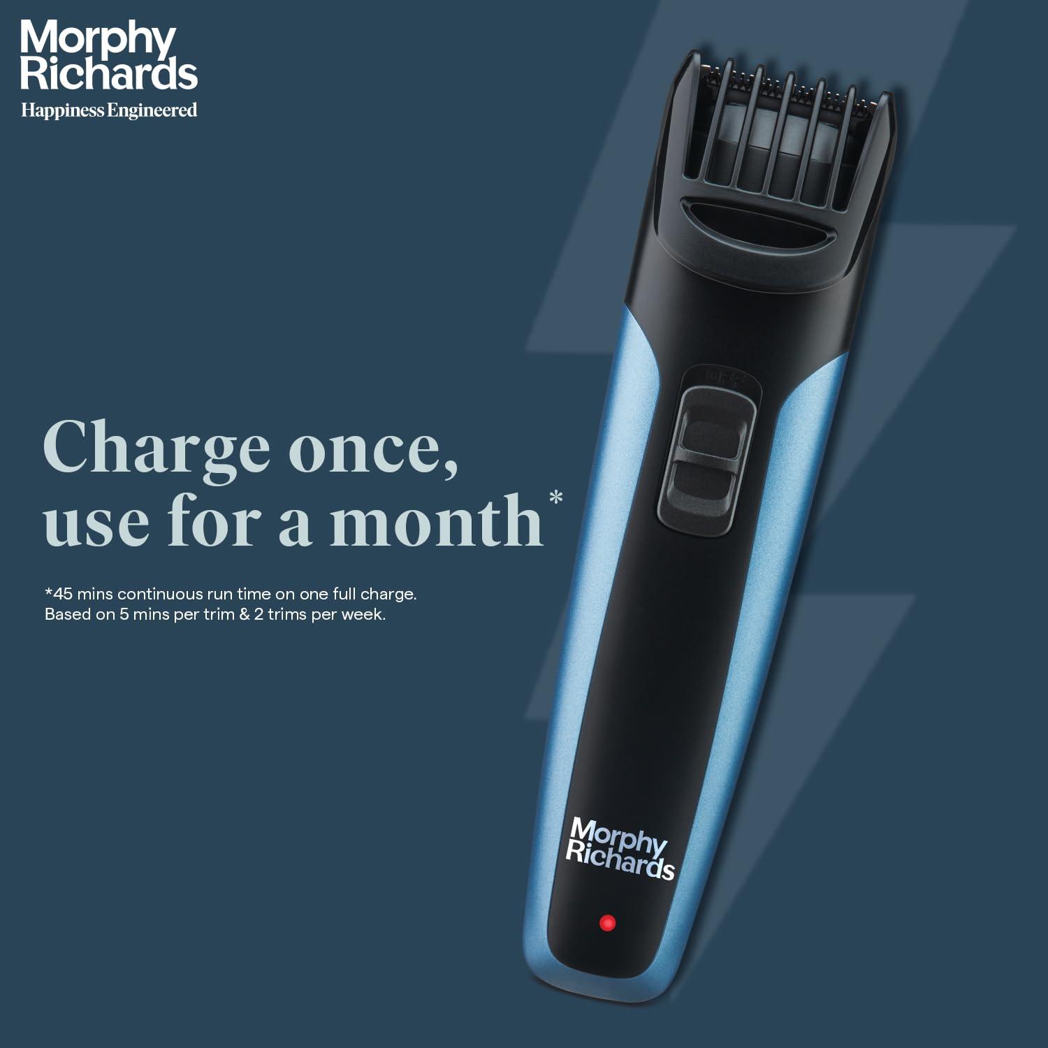 Morphy Richards Morphy Richards Astonx Bt1110 Beard Trimmer Men|9 Settings Single Comb| Reachargable Men Trimmer|Removable & Washable Blades| 2-Yr Warranty |Travel Friendly Beard Trimmer|Metallic Blue & Black