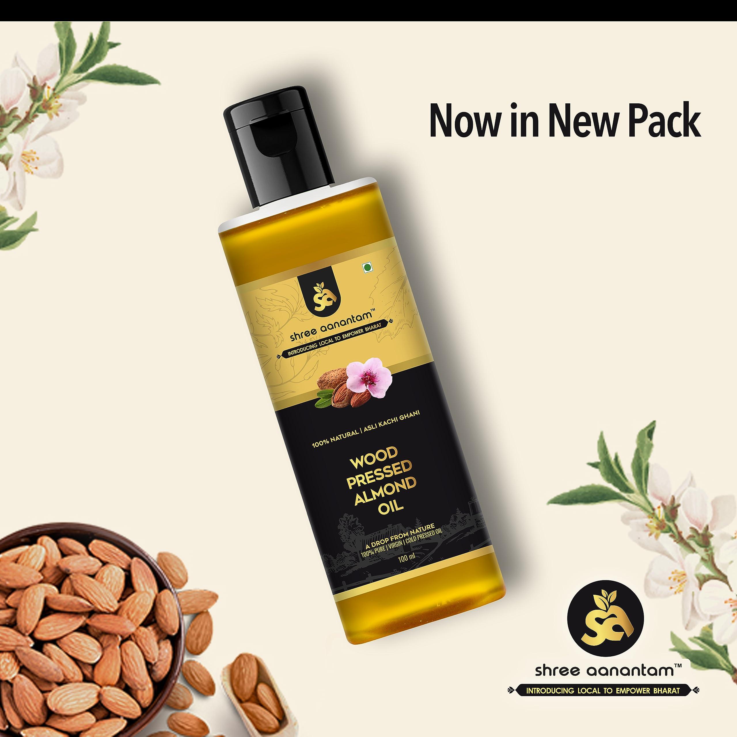 Shree Aanantam Shree Aanantam Cold Pressed Sweet Almond Oil - 100ml x 2 | Badam Tail | Rich in Vitamin E | For Healthy Skin, Hair and Body | Virgin & Cold Pressed - 100ml (Pack of 2)