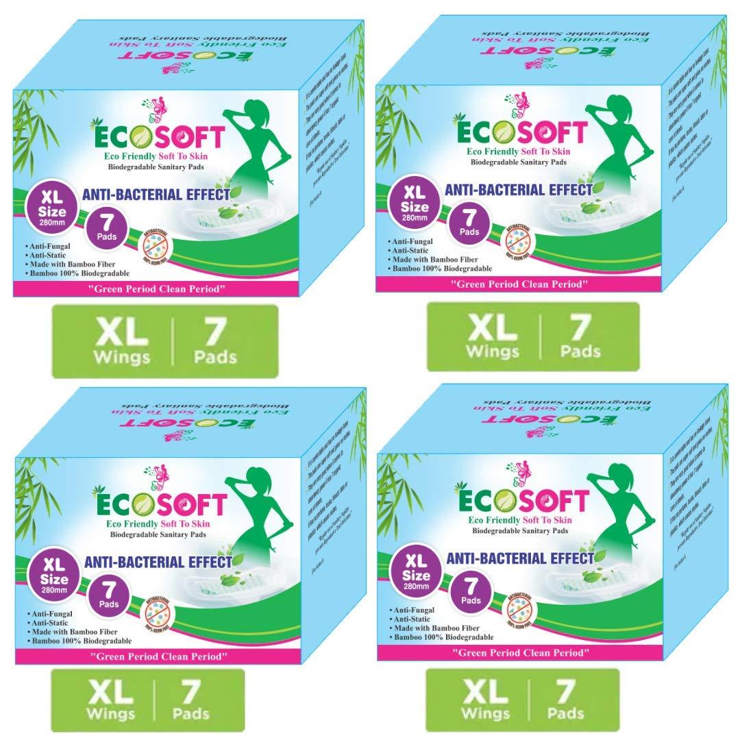 ECOSOFT ECOSOFT Premium Sanitary Pads Bamboo Fiber 100% Biodegradable Iso 9001-2015 And Iso 14001-2015 Certified Xl Size-280 Mm. Pack of 4 Box (28 Pads).