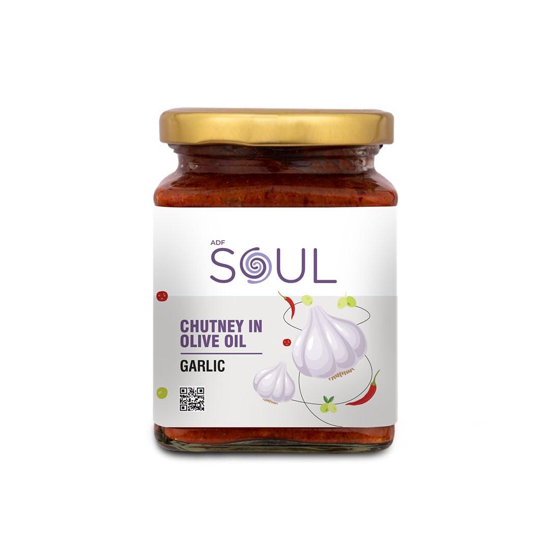 ADF Soul Soul Pickle and Chutney Combo Pack of 3 (Garlic Pickle 275 GM + Red Chilli Pickle 265 GM+ Garlic Chutney 275 GM ) in Olive Oil