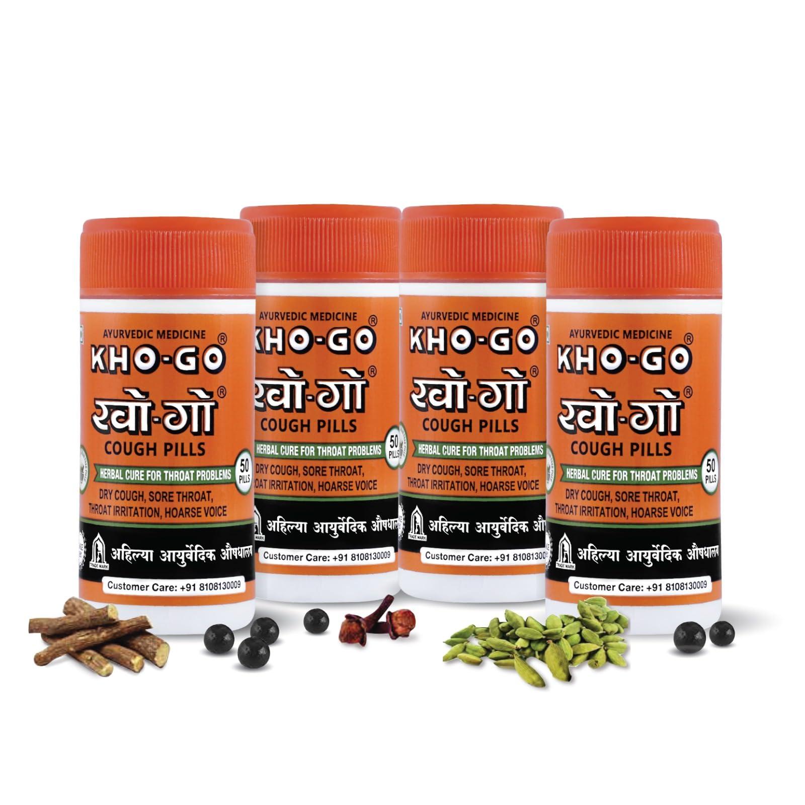 KHO-GO Khogo Pills For Cough & Sore Throat, Ayurvedic Tablets For Seasonal Cough & Bad Breath, 50 Pills in each Btl, 50 Tab, Pack Of 4