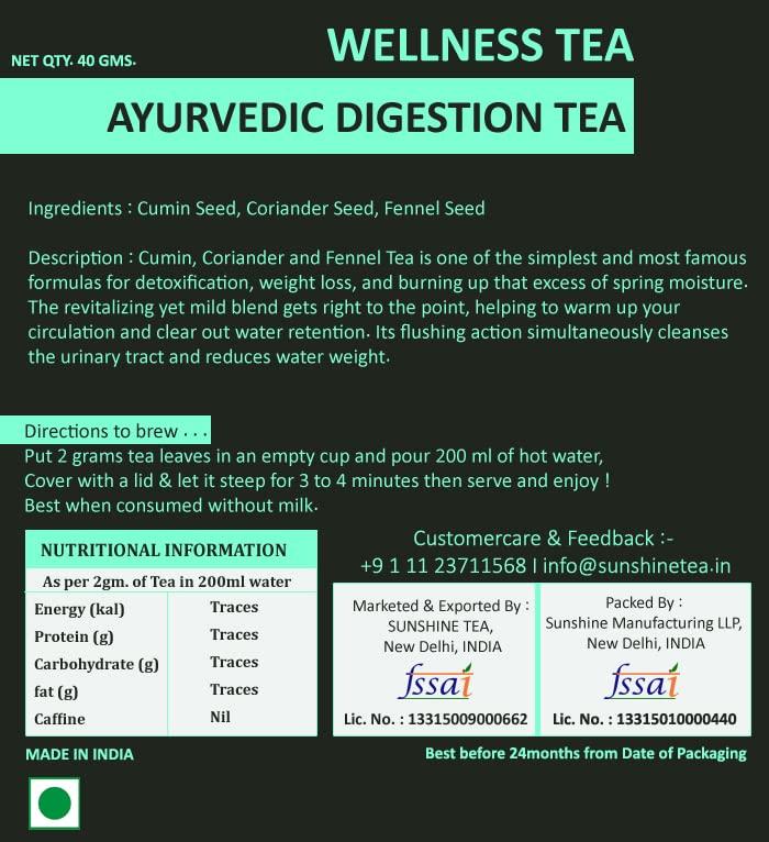 Sunshine Tea AYURVEDIC Digestion Tea - 40GM. Tea JAR Blended with Cumin Seed-Coriander Seed-Fennel Seed, Real Ingredients, Good for Digestion