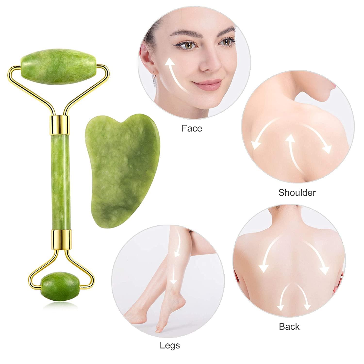 KILO COOL HVAC Jade Roller and Gua Sha Set for Beautiful Skin Detox - Facial Body Eyes Neck Massager Tool Reduce Wrinkles Aging - Original Natural Jade Stone