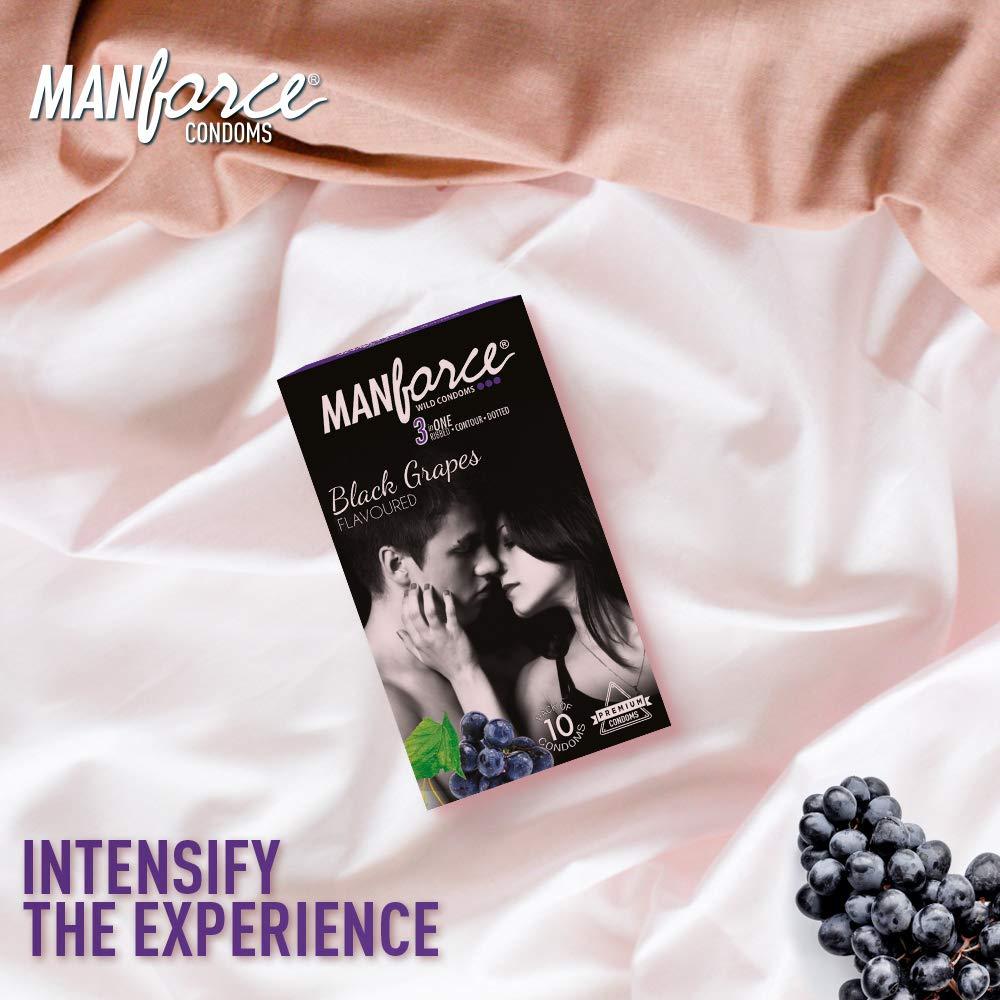 Manforce Manforce 3 in 1 Wild Condoms (Ribbed, Contour, Dotted), Black Grapes Flavoured- 10 Pieces (Pack of 5)