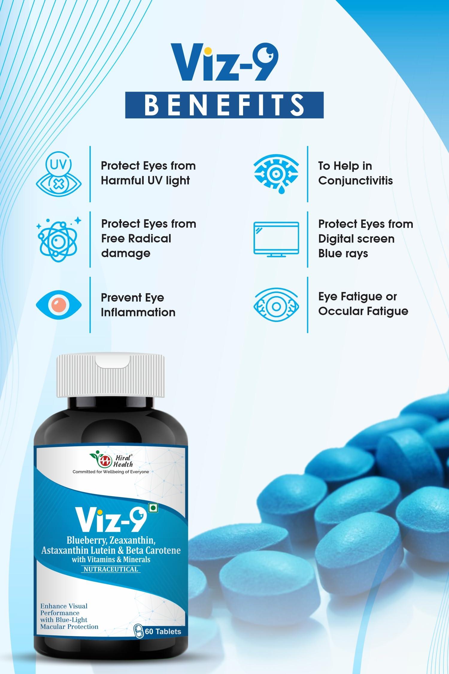 Hiral Health Hiral Health\'s Viz-9 Tablets: Advanced Eye Vitamin with Lutein, Zeaxanthin, Astaxanthin, and Vitamin A eye supplements to improve vision, Protect from Blue Light and UV Rays (60 Tabs)