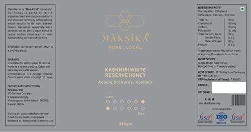 Maksika Maksika Kashmiri White Honey | Organic Honey Bottle - 330gms | Kashmiri Acacia Nectar with Light Vanilla Taste | Best paired with Chamomile or White Tea and Fresh Ricotta Cheese