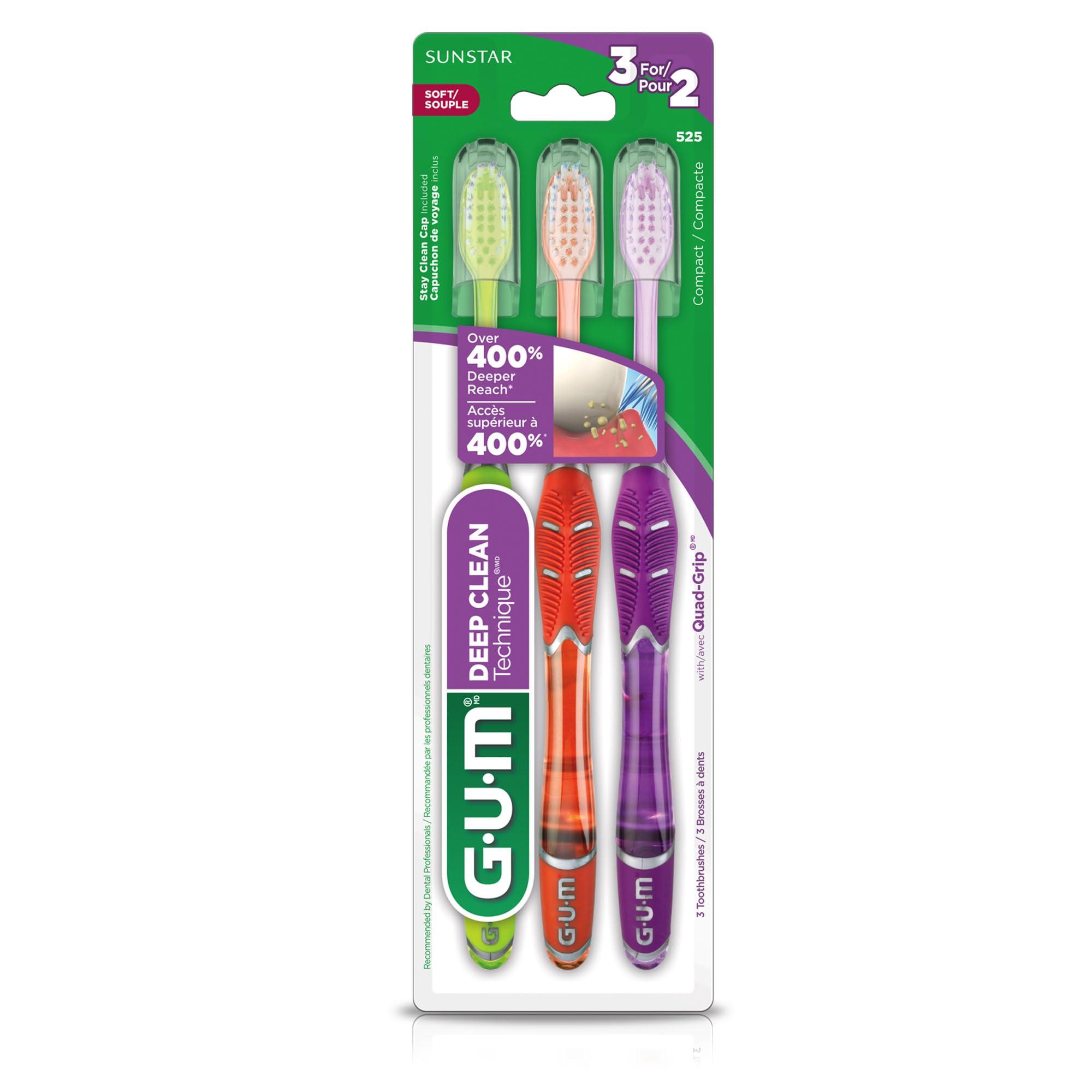 Gum GUM - 525E Technique Deep Clean Toothbrush with Quad-Grip Handle, Compact Head & Soft Bristles, 3 Count