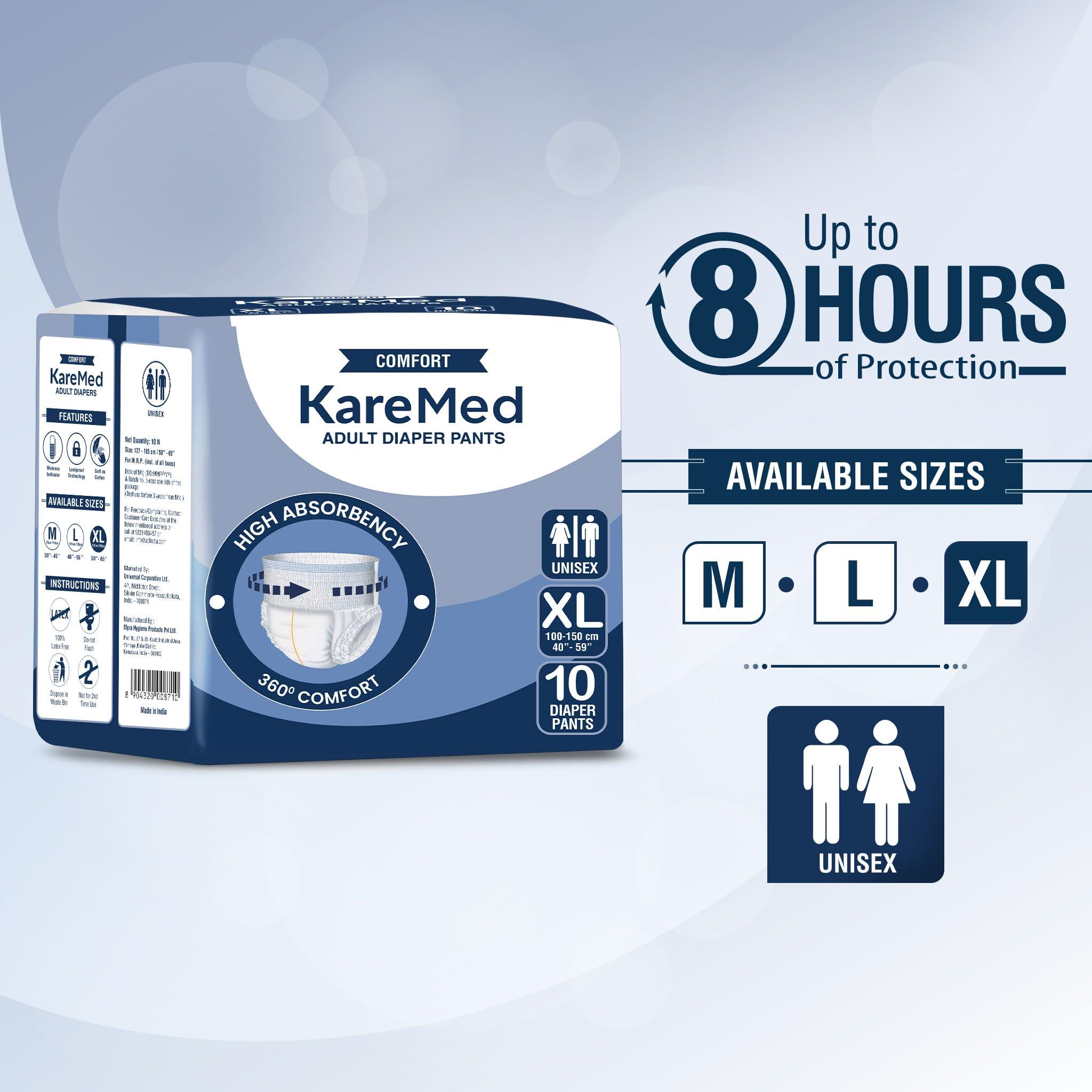 KareMed KareMed Comfort Adult Diaper Pants, Extra Large 100-150 Cm (40\"- 59\"), Unisex, Leakproof, Elastic Waist, Wetness Indicator, Pack of 3, 30 Count