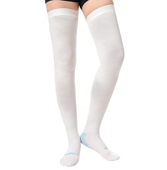 Doc Miller Doc Miller Thigh High Anti Embolism TED Surgical Stockings Compression Socks - Graduated 15-20mmHg Support Hose for Women Men, White, Large