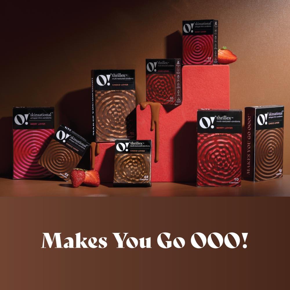 O! O! Thrillex Multi-Textured Flavored Condoms for Men | Dotted, Ribbed & Contoured Condom with Extra Lubrication | Combo of Berry Lover & Choco Lover (Pack of 2 x 3 Count Each Pack)