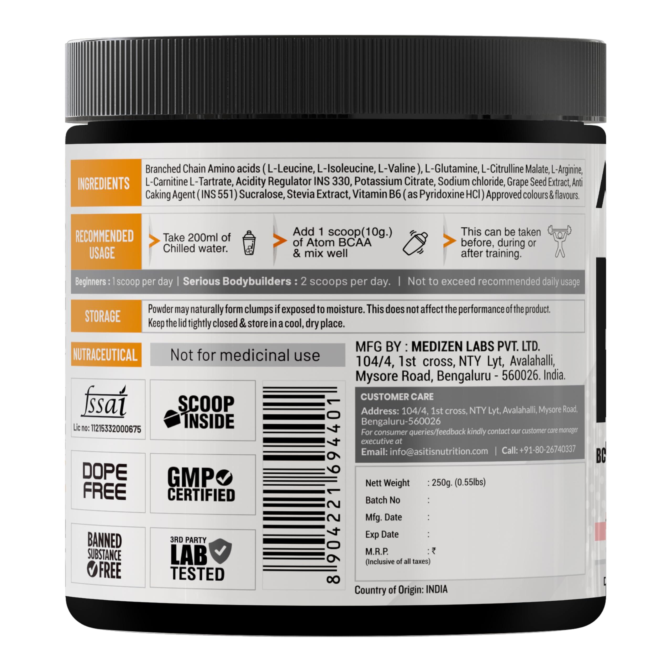 Asitis Nutrition Asitis Nutrition Atom Bcaa 250Gm With L-Arginine, L-Carnitine, L-Citrulline For Energy Burst & Athletic Performance | Fruit Punch Flavor Powder