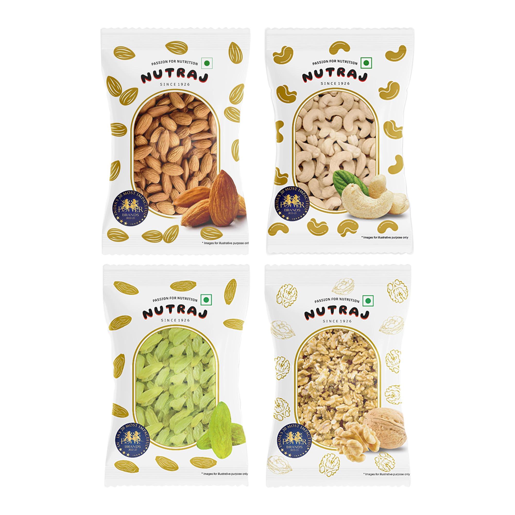 Nutraj Nutraj Dry Fruit Combo Almond, Cashews, Raisin, Walnut Kernels 400g (100g Each) | Badam | Kaju | Akhroth giri | Nutritious, Delicious & Crunchy | Rich in Magnesium, Copper & Phosphorus