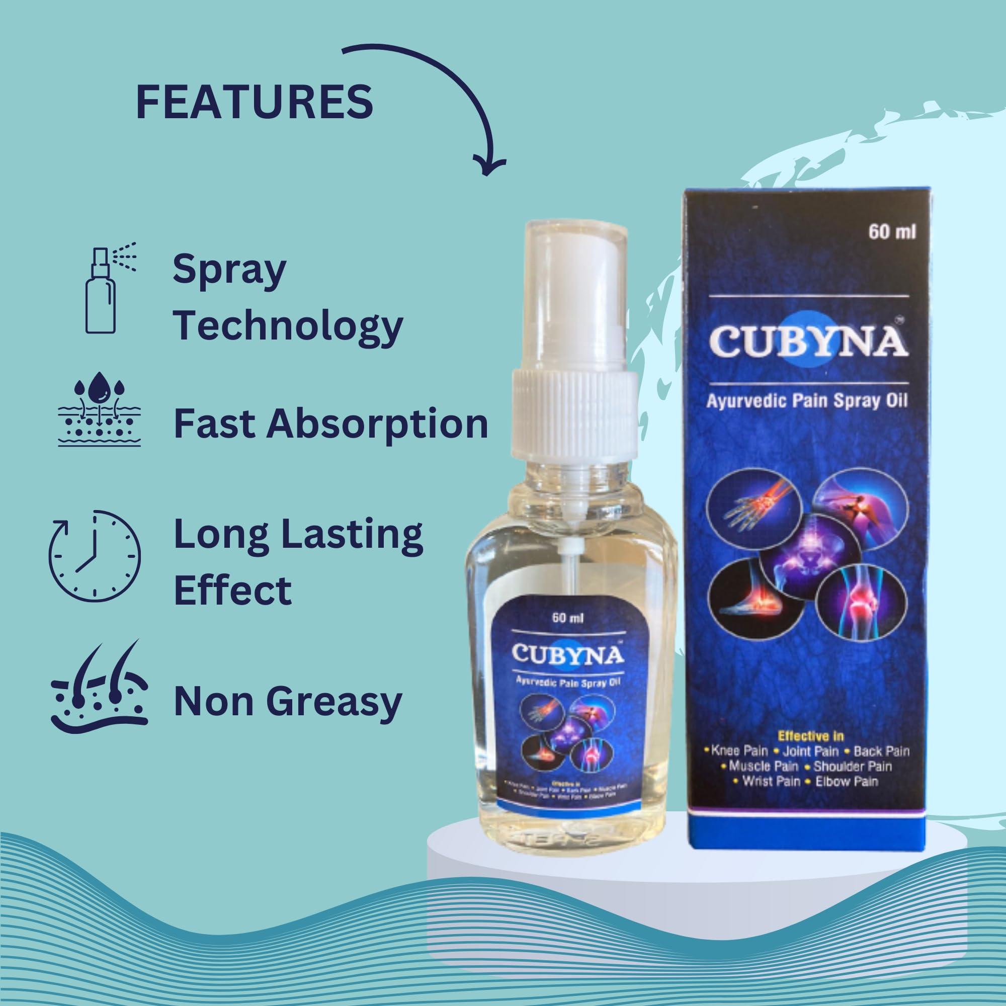 CUBYNA CUBYNA Natural Ayurvedic Pain Oil 60 ml Travel Pack (Spray Type) Blend of 14 Ayurvedic Herbs, Quick Absorption, 1 Pack = 1