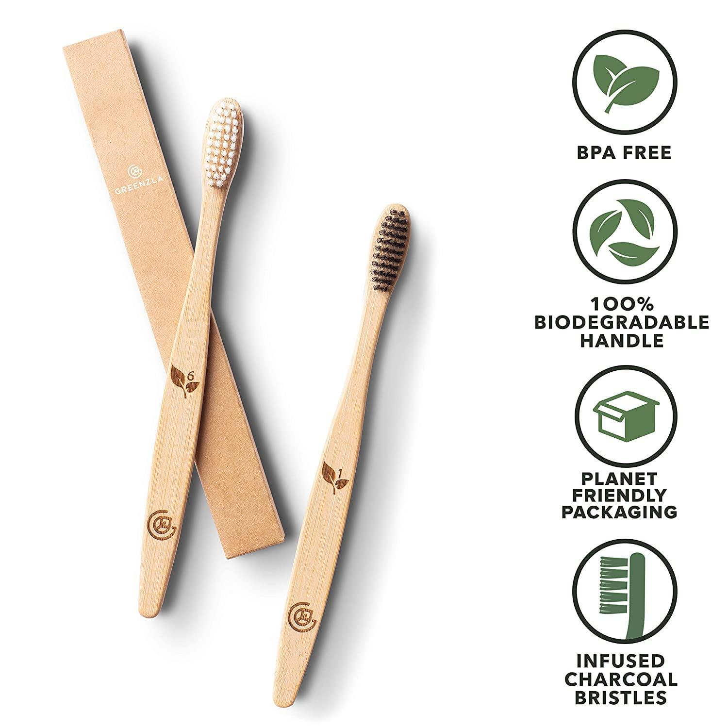 GREENZLA GREENZLA Biodegradable & Compostable Charcoal Wooden Bamboo BPA-Free Soft Bristles Eco-Friendly, Natural Manual Toothbrushes Set for Adult (12 Pack)