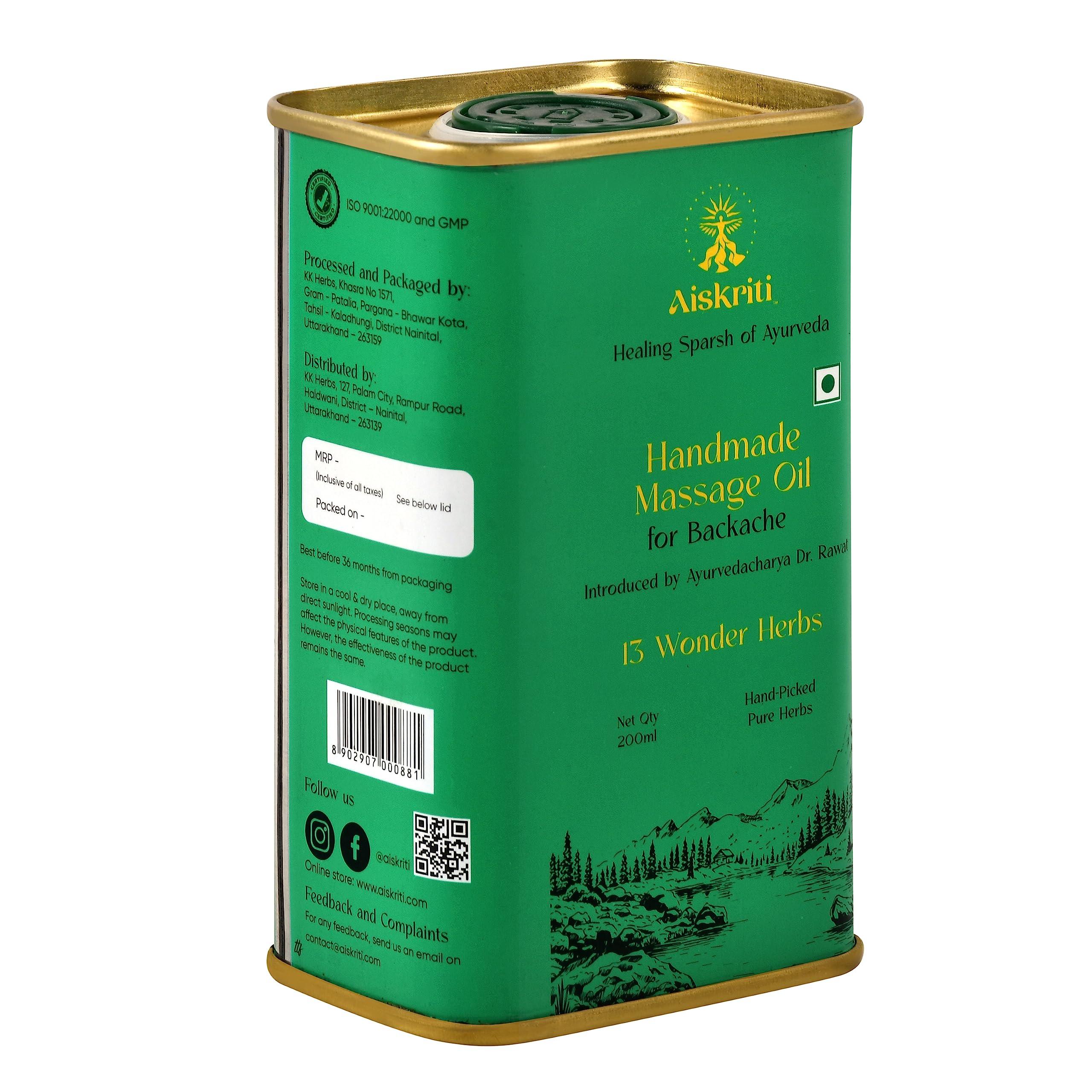 Aiskriti Aiskriti Ayurvedic Handmade Massage Oil For Backache - 200 ml, 13 Wonder Herbs, Helps to Relieve Sprain, Back Pain & Inflammation, Reduces Lower Back Pain, Improves Muscles Tone & Strength, 200 ml