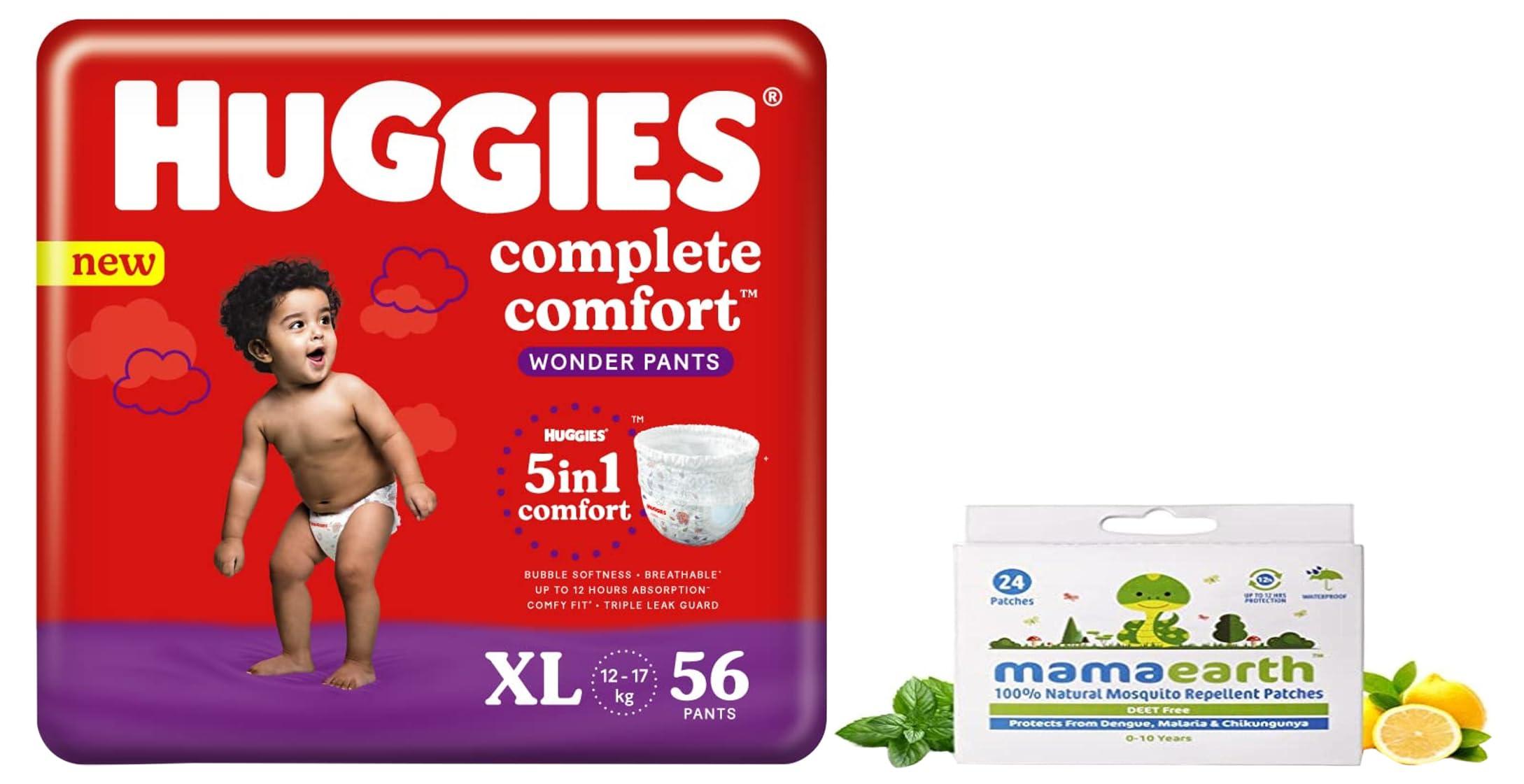 Huggies Huggies Wonder Pants Extra Large Size Diapers, 56 Count & Mamaearth Natural Repellent Mosquito Patches For Babies with 12 Hour Protection,White,Pack of 1