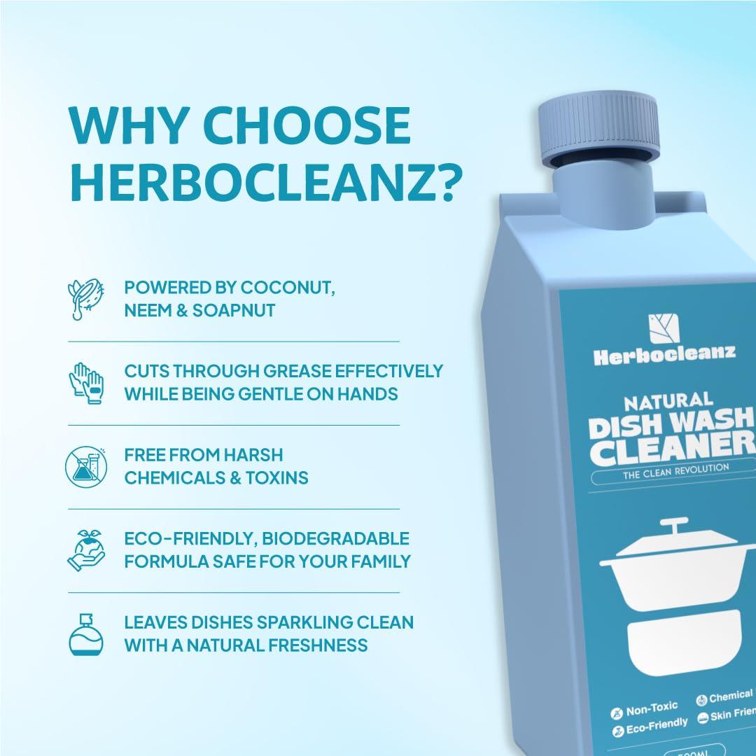 HERBOCLEANZ HerboCleanz Natural Dish wash cleaner: Plant-Based, Non-Toxic Grease Cutter  Eco-Friendly, Skin-Safe Detergent for Utensils, Ceramics & Cutlery - Pack of 1