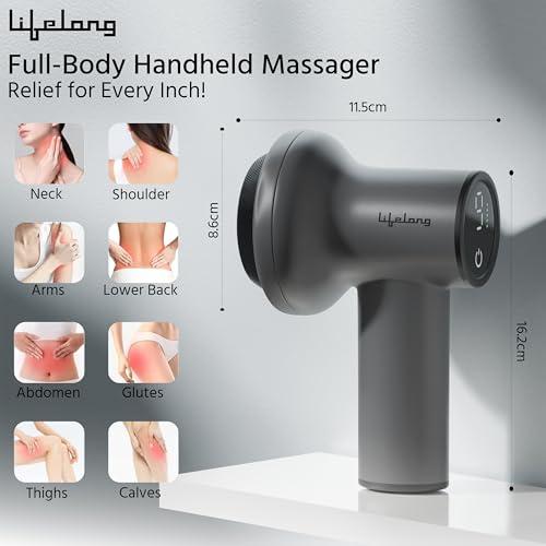 Lifelong Lifelong Wireless Manipol Hand Massager| Percussion Massage| Handheld Therapy with Variable Intensity to Relieve Pain in The Back, Neck, Shoulders & Legs| LED Display|8 Detachable Head|4000mAh Battery