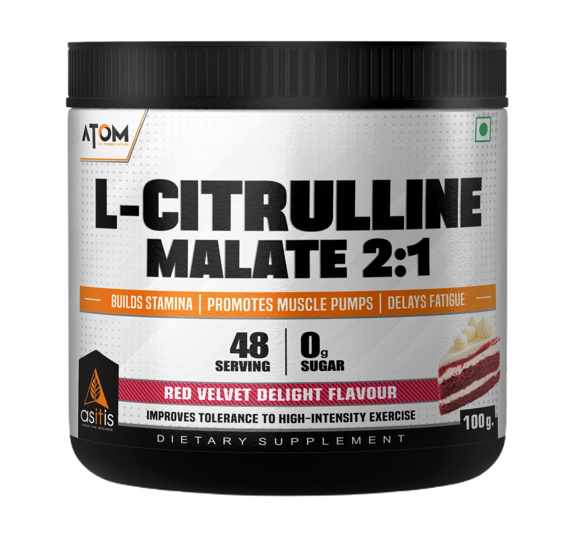 Asitis Nutrition AS-IT-IS ATOM L Citrulline Malate 2:1-100gms | 48 servings | 0 Sugar | Improves Tolerance to High-Intensity Exercise | Builds Stamina | Red Velvet Delight