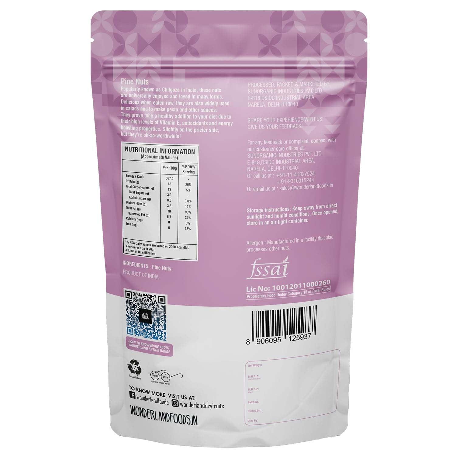 WONDERLAND FOODS (DEVICE) WONDERLAND FOODS Grandeur Premium Pine Nuts 200g Pouch | Chilgoza Dried Fruit | Chilgoza Giri | Chilgoja Seeds | Crunchy Pine Seeds for Eating, Luxury Eatable Snack