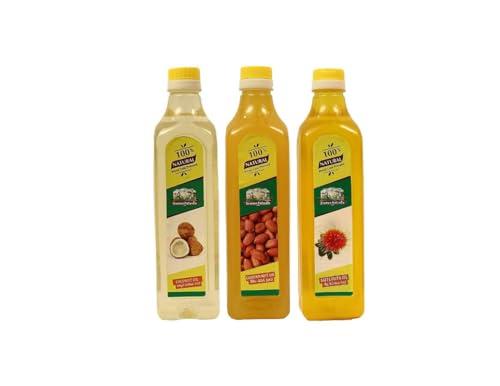 Generic Gramee Naturals 100% Wood Cold Pressed Oils | 1L Coconut Oil & 1L Groundnut Oil & 1L Safflower Oil Combo
