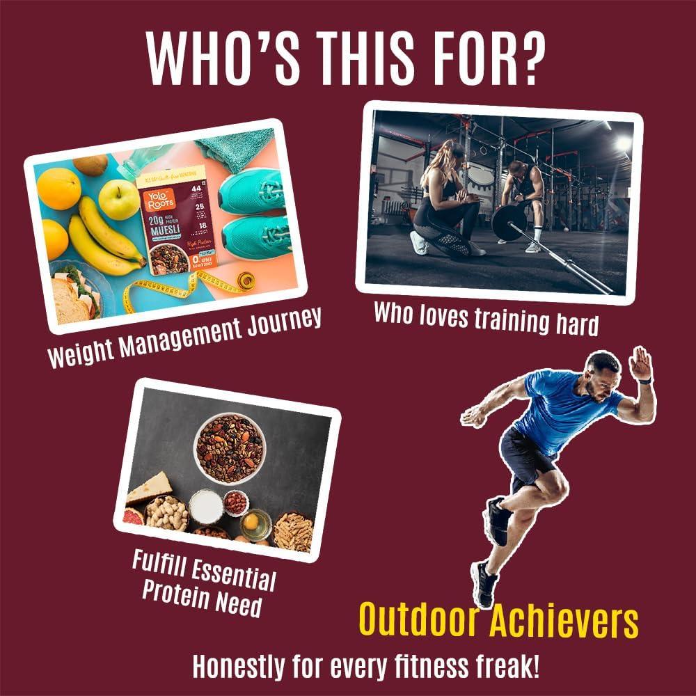 Yolo Roots Yolo Roots High Protein Dark Chocolate Muesli 1 Kg | India\'s 1st 25gm Protein per 100gm Muesli with Premium Whey Protein, 25% Almond, Pumpkin & Cranberry | No Added Refined Sugar | Made in Date Syrup