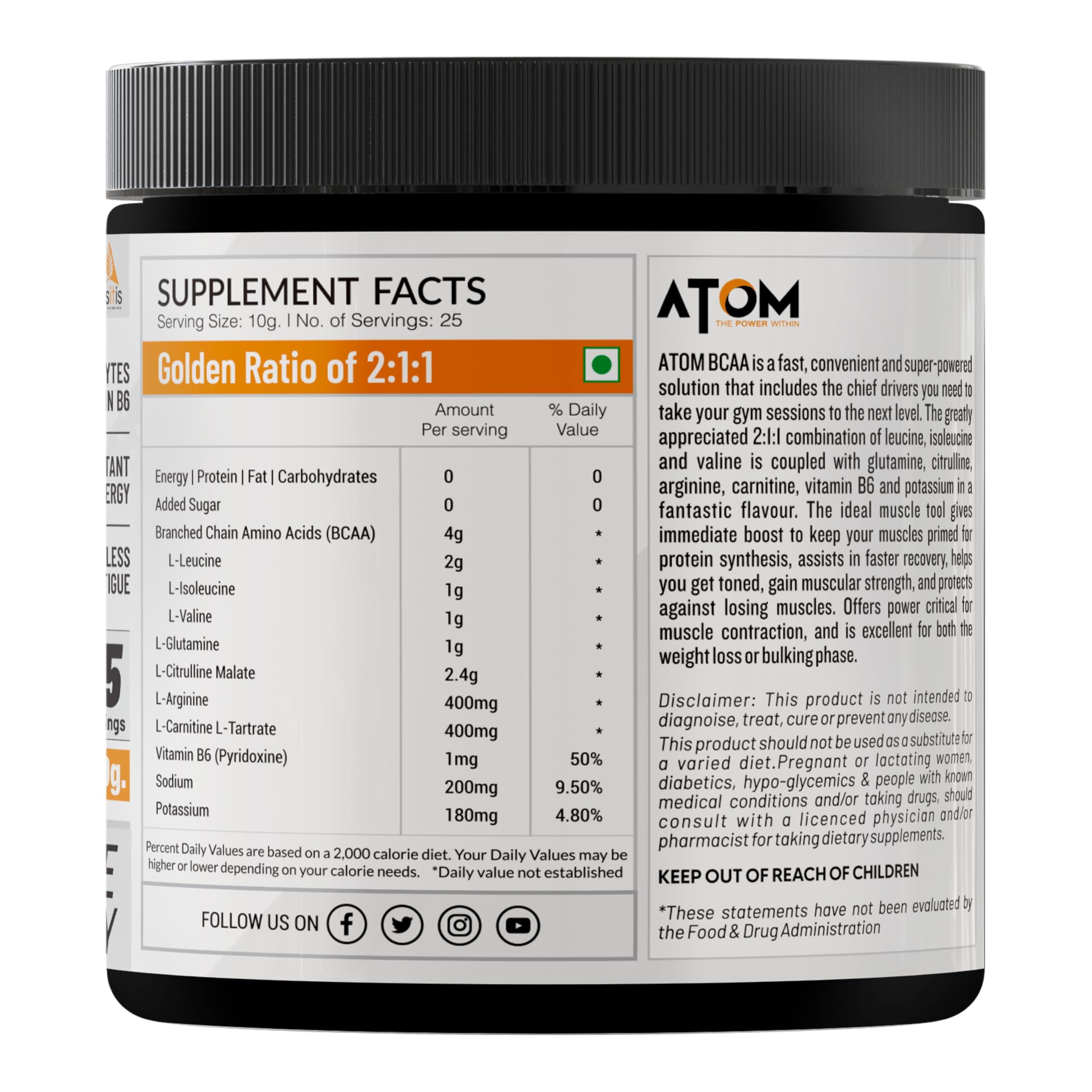 Asitis Nutrition Asitis Nutrition Atom Bcaa 250Gm With L-Arginine, L-Carnitine, L-Citrulline For Energy Burst & Athletic Performance | Fruit Punch Flavor Powder